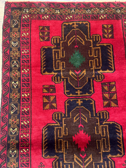Afghan Balouch Rug Red 4x7 Handmade Wool Area Carpet Triple Medallions