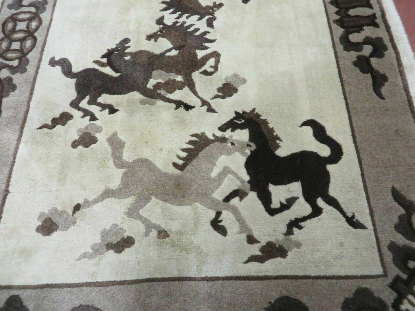 Hand Knotted Wool Rug 4x6 Tibetan Nepal Art Deco Horse Design Vintage 1980s