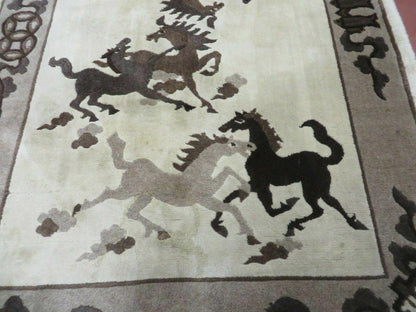 Hand Knotted Wool Rug 4x6 Tibetan Nepal Art Deco Horse Design Vintage 1980s