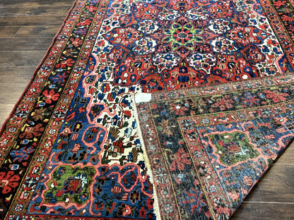 Persian Bakhtiari Rug 7x10, Antique Persian Carpet, Colorful, Great Colors, Ivory Red Blue, Rare Tribal Rug