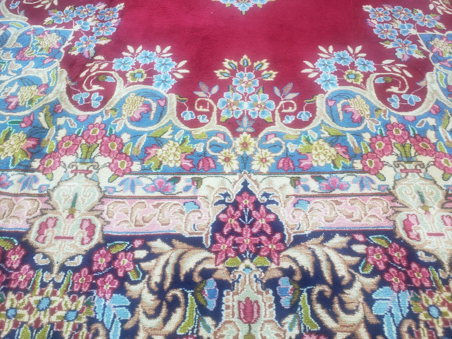 Antique Persian Kirman Rug 10x17 Oriental Carpet 10 x 17, Red, Multicolor, Namazian Signature Master Weaver, Shabby Chic, Semi Open Field