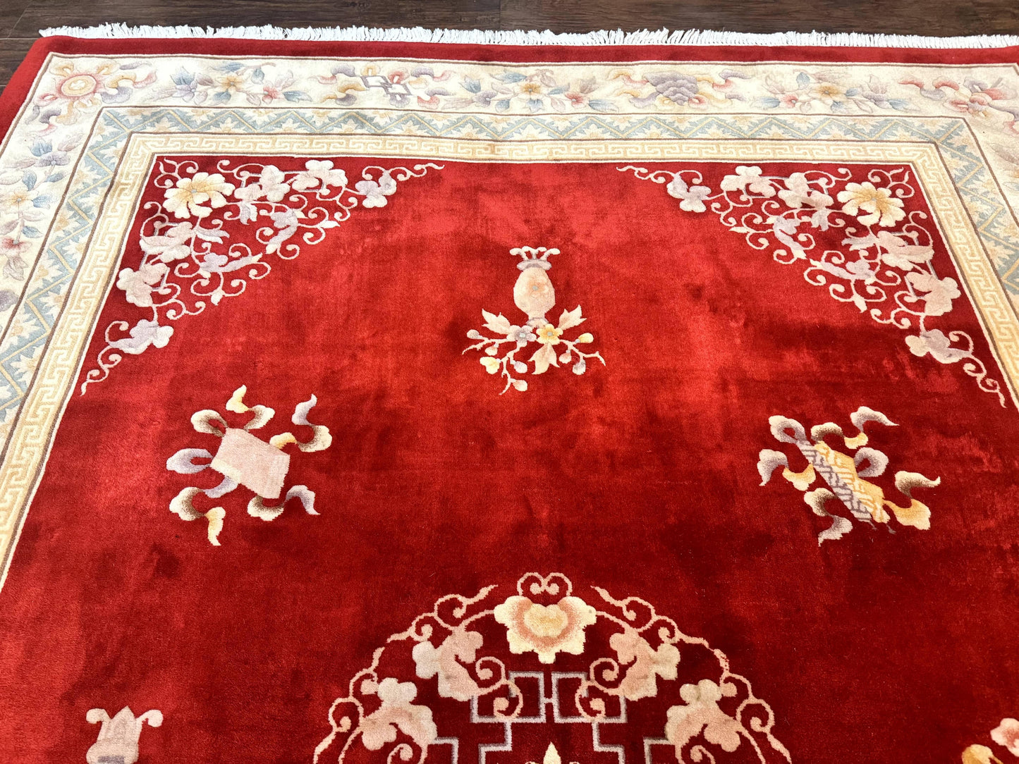 Chinese Wool Rug 8.6 By 11 Vintage Handmade Carved Chinese Oriental Carpet Plush Pile Semi Open Field