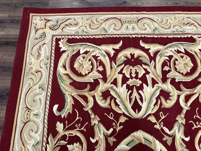Burgundy Aubusson Wool Rug 6x9 Hand Knotted Vintage Carpet