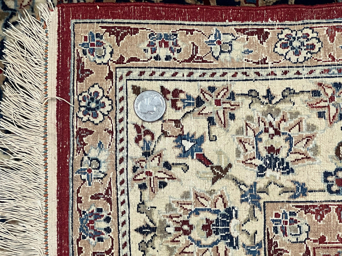 Persian Nain Rug Super Fine Hand Knotted Wool Silk Accents Navy Blue Ivory 3.6 X 5.4