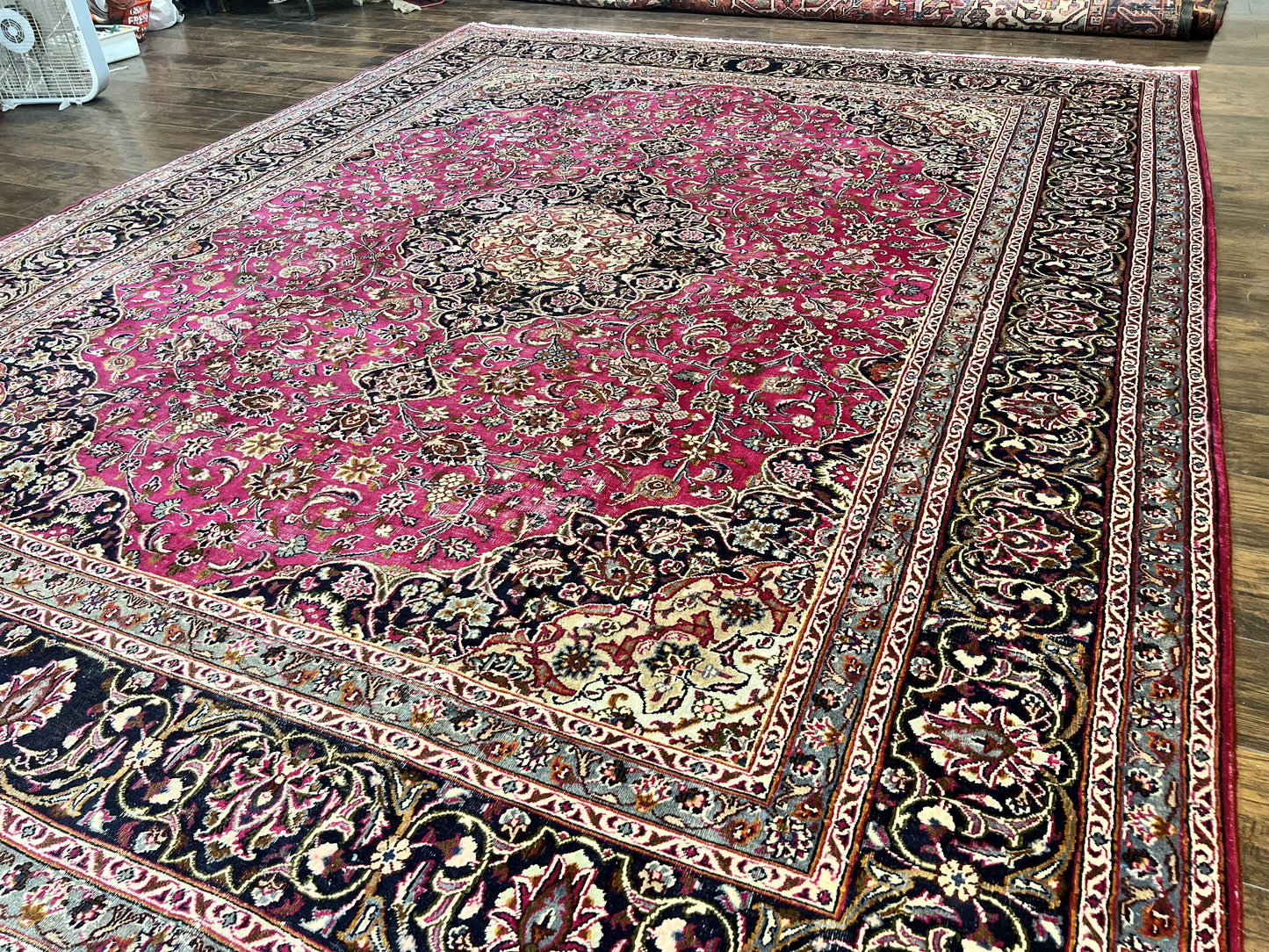 Persian Rug 10x13 Hand Knotted Wool Kashmar Carpet With Floral Medallion In Raspberry Red And Navy Blue