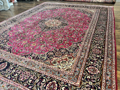 Persian Rug 10x13 Hand Knotted Wool Kashmar Carpet With Floral Medallion In Raspberry Red And Navy Blue