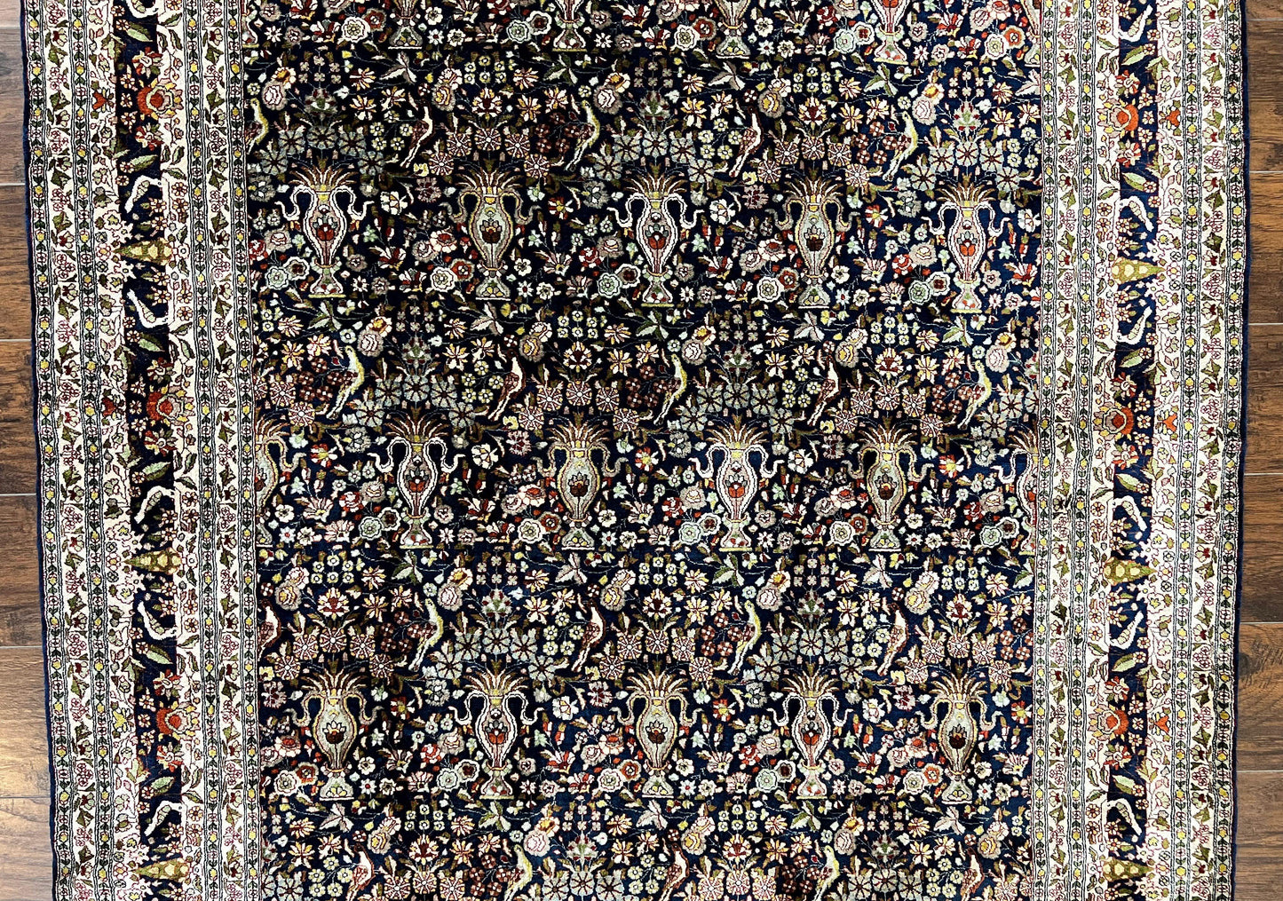 Kashmiri Silk Rug 5x7 Navy Blue Indo Persian Hand Knotted Birds Pattern Silk Carpet