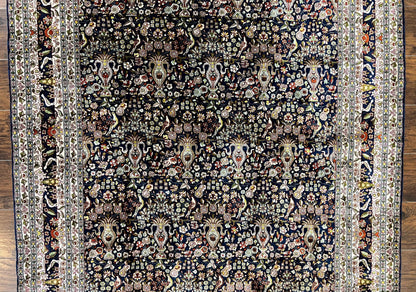 Kashmiri Silk Rug 5x7 Navy Blue Indo Persian Hand Knotted Birds Pattern Silk Carpet