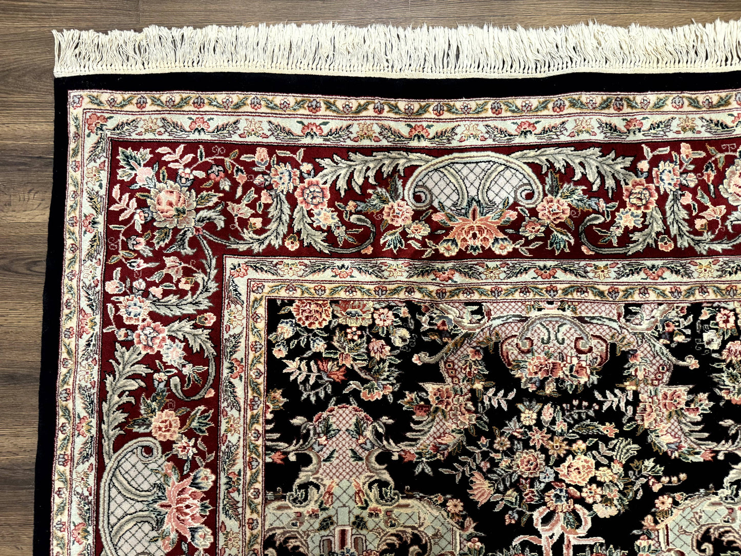 Sino Persian Rug 9x12 Black Floral Bouquets Vintage Hand Knotted Wool Silk