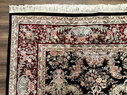 Sino Persian Rug 9x12 Black Floral Bouquets Vintage Hand Knotted Wool Silk