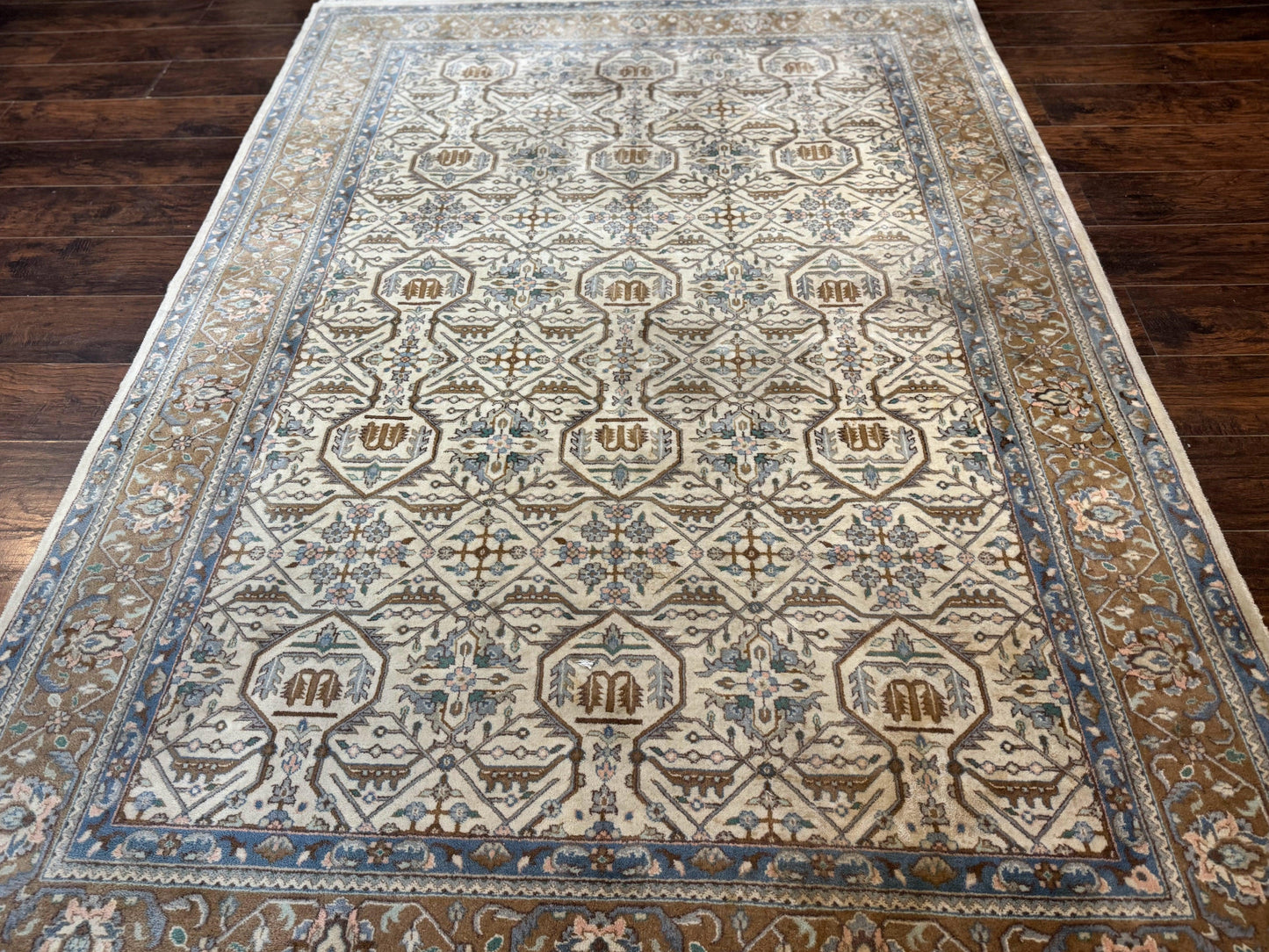 Indo Persian Rug 6x9, Beige, Allover Pattern, Vintage Wool Oriental Carpet