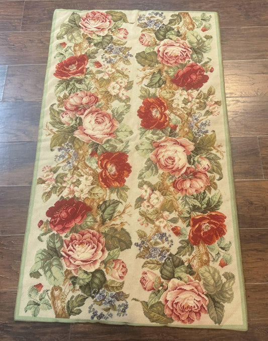 Small Needlepoint Rug 2.8 x 4.7, Floral, Vintage