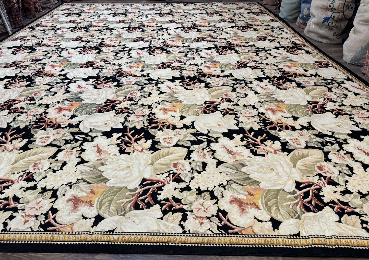 Palace Size Needlepoint Rug 13x17, Extra Large Wool Floral Handmade Carpet, European Design, Botanical