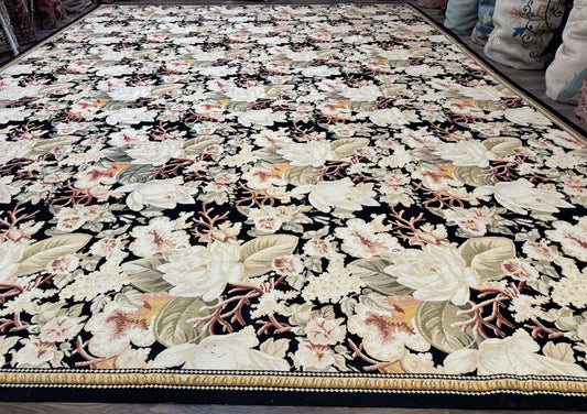 Palace Size Needlepoint Rug 13x17, Extra Large Wool Floral Handmade Carpet, European Design, Botanical