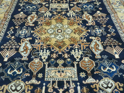Persian Qum Rug Five Foot Six By Eight Foot Eight Navy Blue Vintage 1960s Cleaned