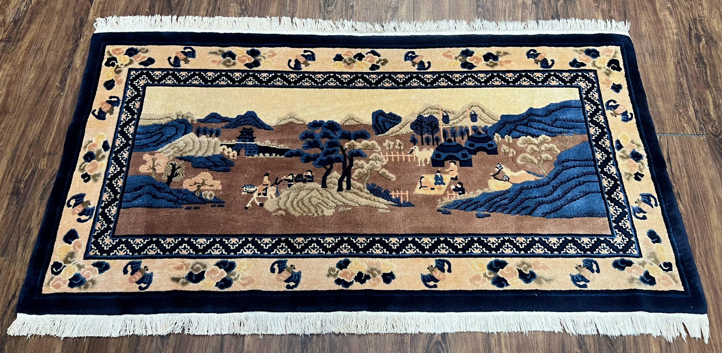 Chinese Pictorial Rug Antique Handmade 2.7x5 Village and Hills Beige Blue Wall Hanging Tapestry