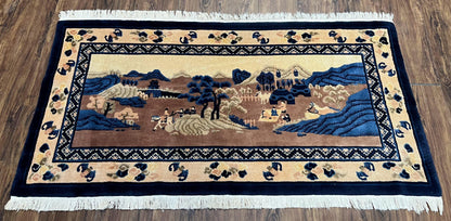 Chinese Pictorial Rug Antique Handmade 2.7x5 Village and Hills Beige Blue Wall Hanging Tapestry