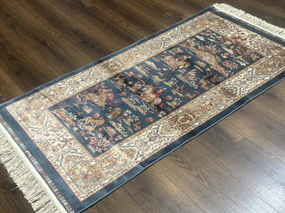Turkish Silk Hunting Scene Rug 2.6 x 5 Feet Dark Steel Blue And Ivory Bamboo Silk Area Rug