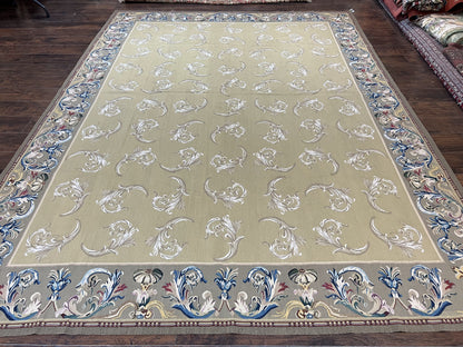 Vintage Aubusson Flatweave Area Rug 9x12, Aubusson Weave, Wool, Beige, Handmade, French European Design, 8'9" x 11'9"