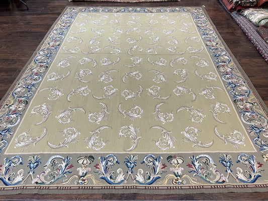 Vintage Aubusson Flatweave Area Rug 9x12, Aubusson Weave, Wool, Beige, Handmade, French European Design, 8'9" x 11'9"