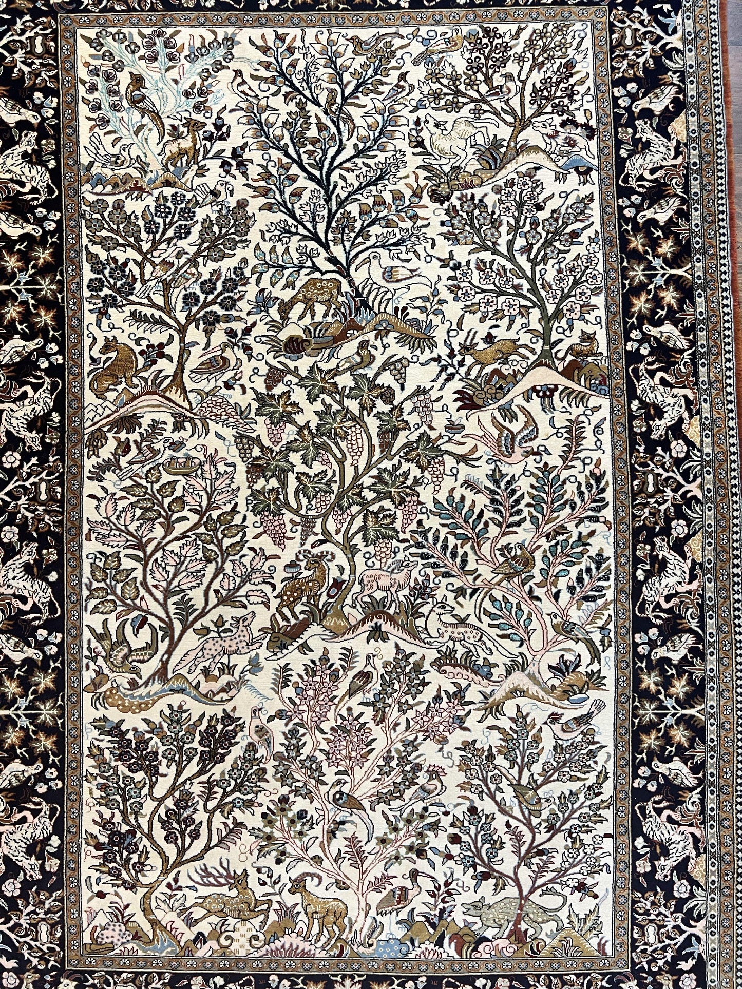 Persian Qum Tree of Life Rug 5x7, Wool and Silk Highlights, Animal Motifs, Vintage Hand Knotted Handmade Cream & Black Fine Oriental Carpet