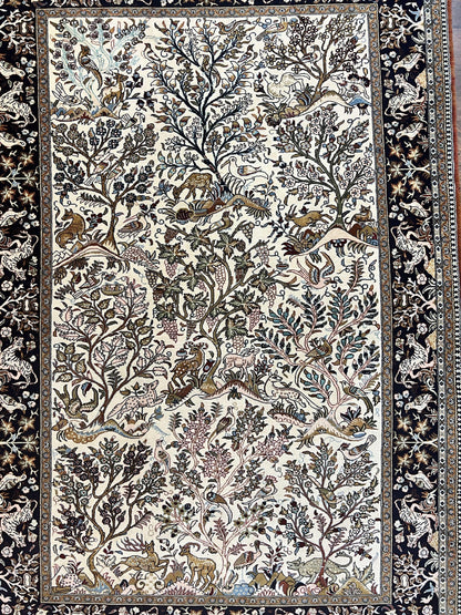 Persian Qum Tree of Life Rug 5x7, Wool and Silk Highlights, Animal Motifs, Vintage Hand Knotted Handmade Cream & Black Fine Oriental Carpet