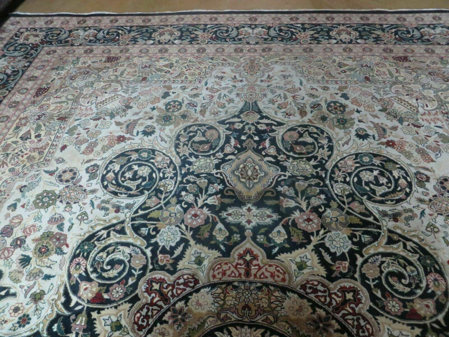 Beautiful Sino Persian Rug 9x12, Elegant High Quality Handmade Wool Oriental Carpet, Medallion with Corner Design, Floral, Black and Ivory