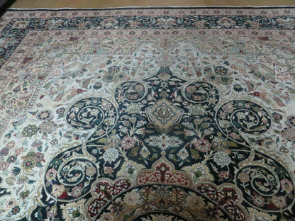 Beautiful Sino Persian Rug 9x12, Elegant High Quality Handmade Wool Oriental Carpet, Medallion with Corner Design, Floral, Black and Ivory