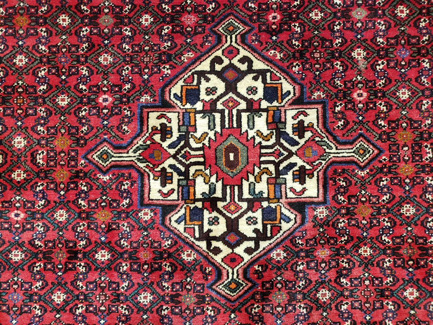 Vintage Persian Hamedan Rug 7x10, Angelas Mahi Pattern, Red, Wool, Hand-Knotted