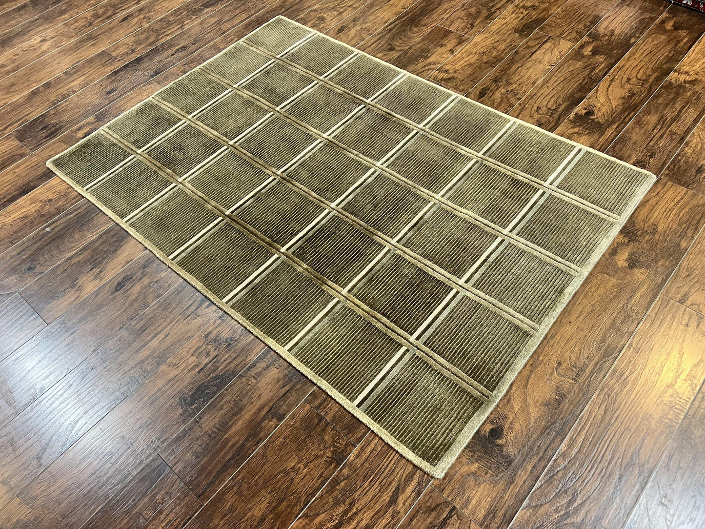 Tibetan Rug 4x6 Handmade Green Wool Area Rug With Panel Design Modern Contemporary