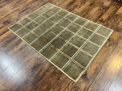 Tibetan Rug 4x6 Handmade Green Wool Area Rug With Panel Design Modern Contemporary