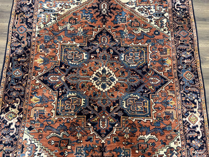 Heriz Rug 5.6 x 8, Geometric Medallion, Wool Oriental Carpet, Tribal Boho Rug, Red Navy Blue Cream, Belgium Power Loomed Rug, Medium Sized