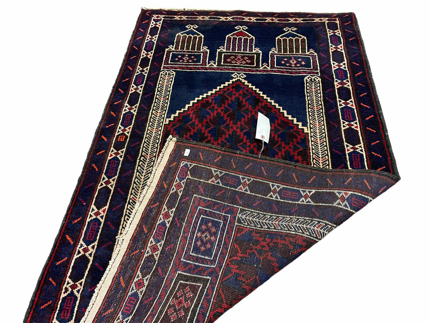 Balouchi Prayer Rug 3x5 Vintage Handmade Tribal Wool Afghan Rug Red Blue