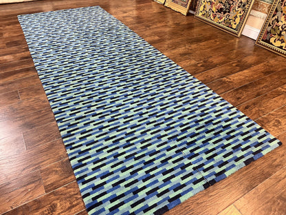 Wool Runner Rug Blue Multicolor Mosaic Design 4.7 x 12 Contemporary Power Loomed