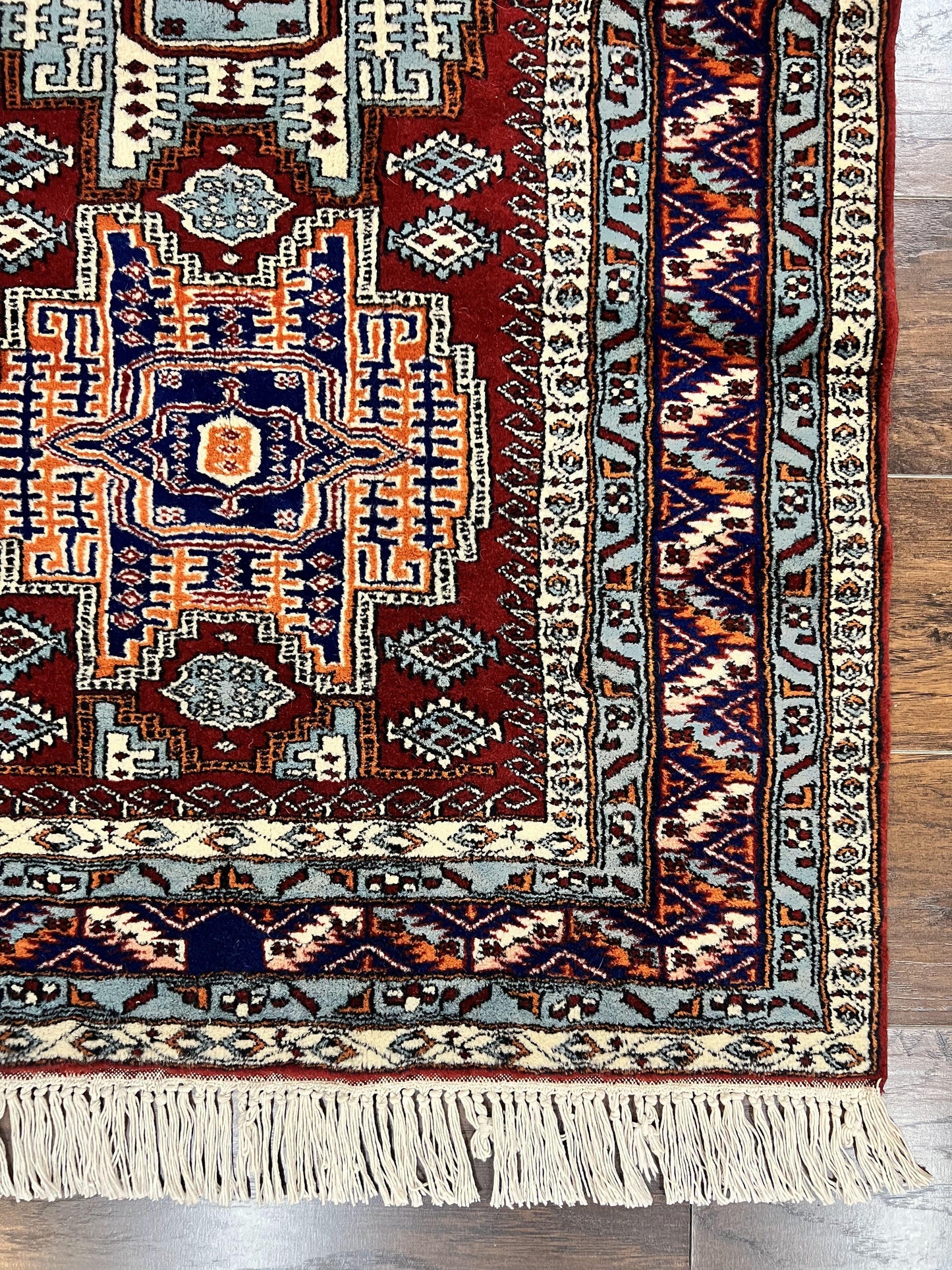 Kazak Rug Vintage Handmade Wool 3x5 Ft Pakistani Geometric Dark Red Oriental Carpet