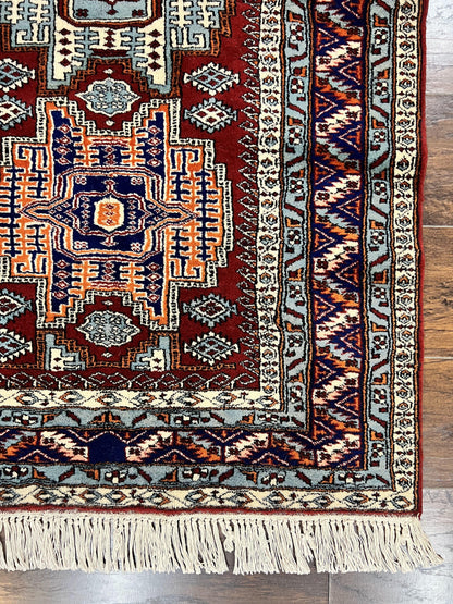 Kazak Rug Vintage Handmade Wool 3x5 Ft Pakistani Geometric Dark Red Oriental Carpet