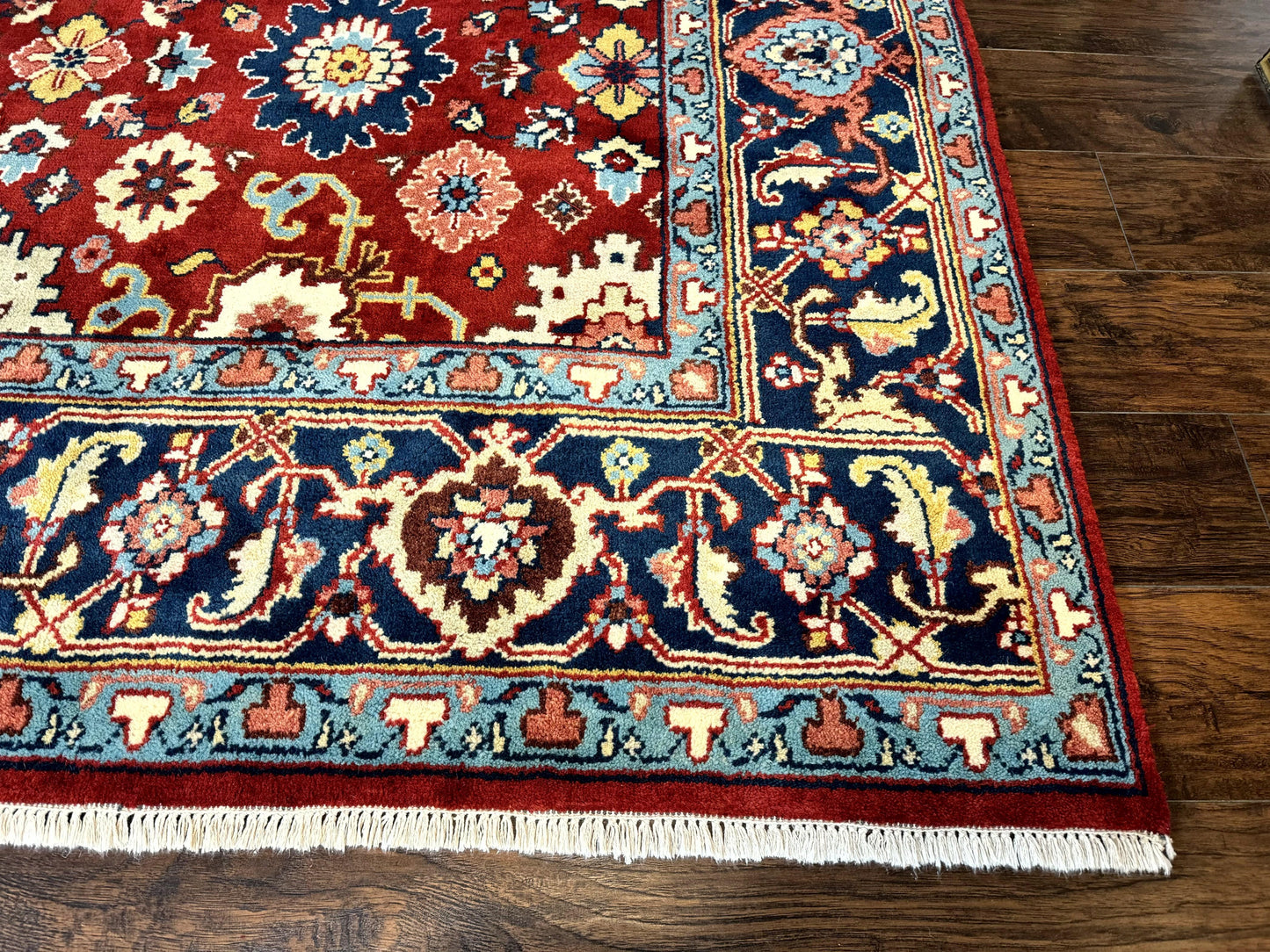 Indo Heriz Rug 8x10, Red and Navy Blue, Allover Pattern, Wool Handmade Carpet