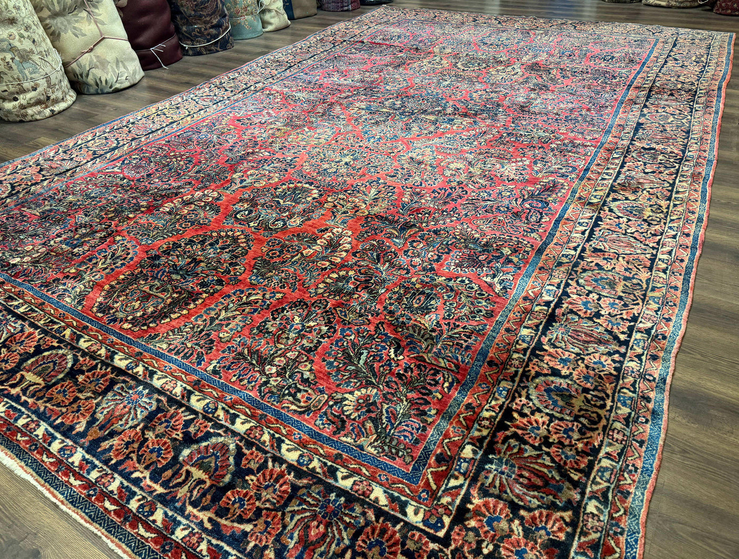Persian Sarouk Rug 10x16 Palace Size Antique Red Carpet With Floral Medallion