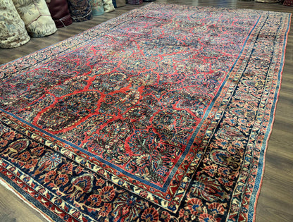 Persian Sarouk Rug 10x16 Palace Size Antique Red Carpet With Floral Medallion