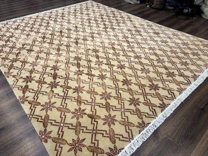 Tibetan Rug 8x10 Wool Silk Highlights Contemporary Carpet Beige And Maroon