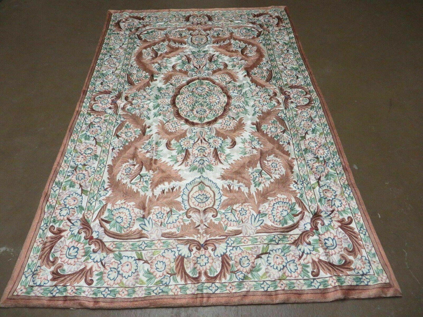 Vintage Hand Stitched Silk On Cotton Rug From India Floral Pattern 46 By 72 Inches