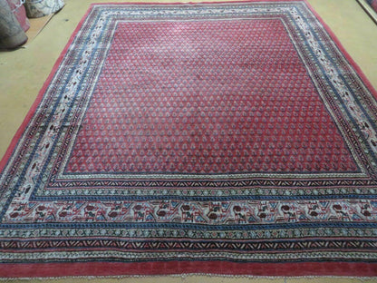 Vintage Indian Wool Rug Handmade 1950s Paisley Oriental Red Vegetable Dyes