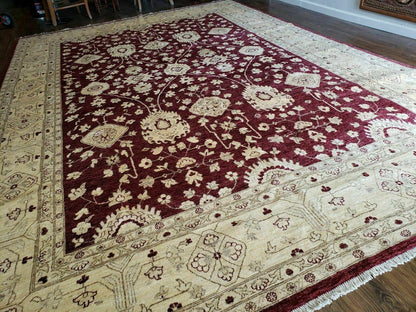 Pakistani Peshawar Rug 10x14, Handmade Chobi Carpet, Maroon & Beige