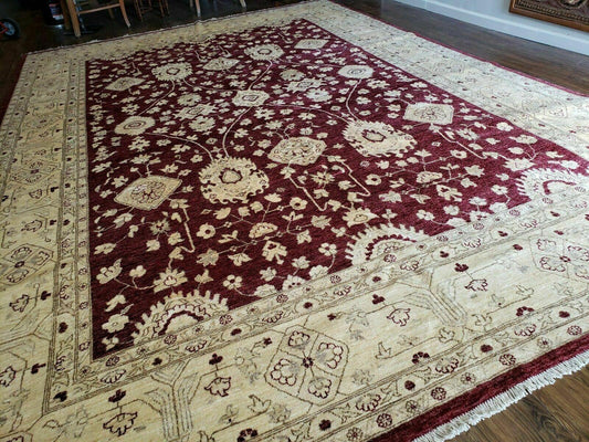 Pakistani Peshawar Rug 10x14, Handmade Chobi Carpet, Maroon & Beige