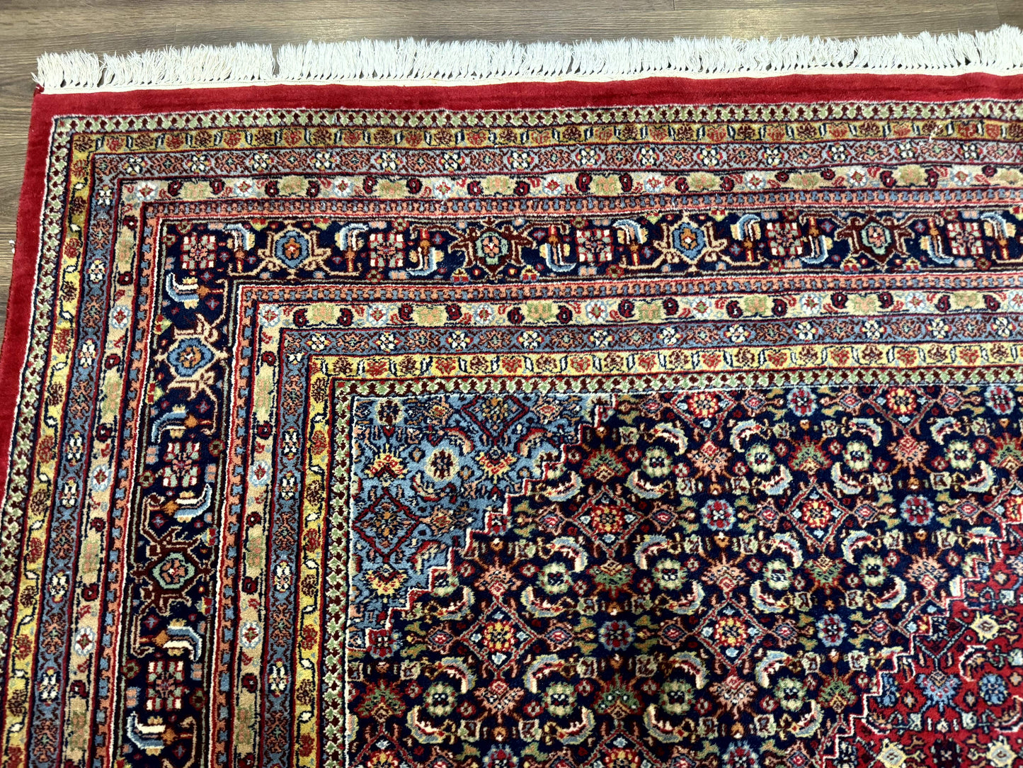 Indo Persian Bidjar Rug 10x14 Red And Dark Blue Herati Mahi Pattern Vintage