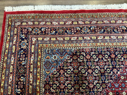 Indo Persian Bidjar Rug 10x14 Red And Dark Blue Herati Mahi Pattern Vintage