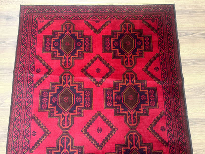 Balouch Afghan Rug 4x7 Hand Knotted Wool Contemporary Tribal Carpet Red And Navy