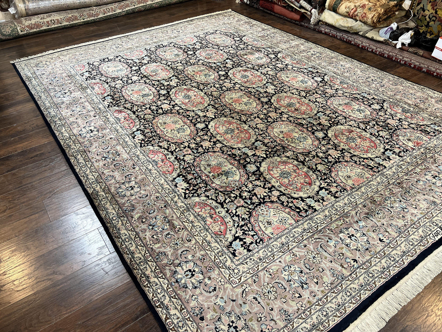 Sino Persian Rug 9x12 Navy Blue and Pink Hand Knotted Wool Silk Floral Vintage Oriental Carpet