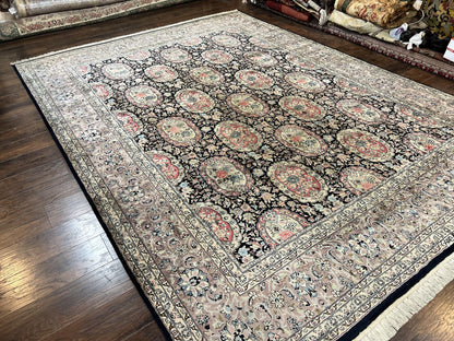 Sino Persian Rug 9x12 Navy Blue and Pink Hand Knotted Wool Silk Floral Vintage Oriental Carpet