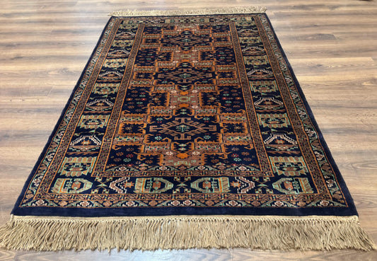 Vintage Afghan Rug 4x6, Navy Blue and Light Brown, Geometric Medallions, Wool on Wool, Tribal Rug